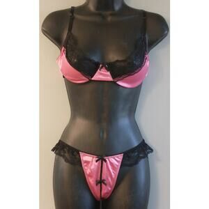 Sexy Hot Pink & Black Lace Bra & Pantie Valentine Day Bridal Wedding NWOT OS